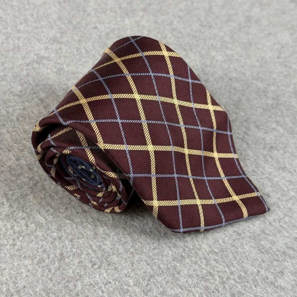 Vintage Tommy Hilfiger USA Silk Tie Burgundy Gold Blue Windowpane Necktie 57x3.6